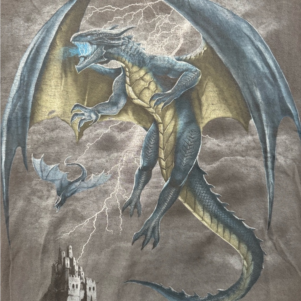 Vintage Y2K Faded Thrashed Dragon & Castle Men’s T-Shirt Gray Size 3XL‎ Grunge